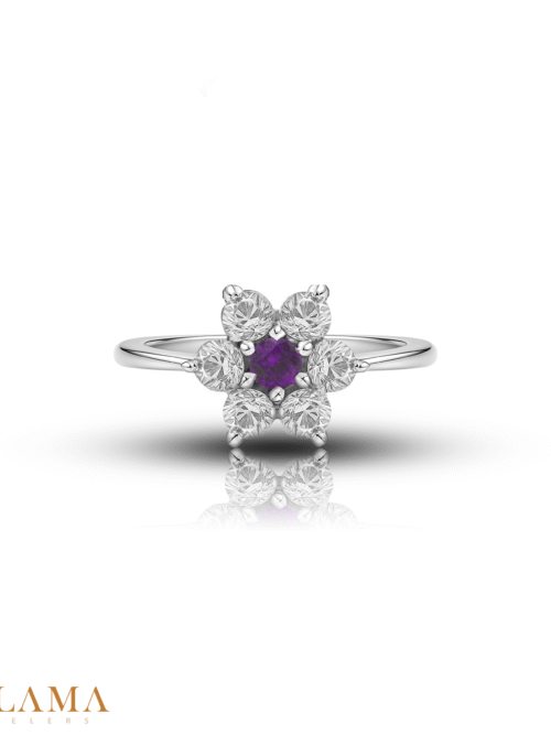 Crafted in sterling silver, this ring features a natural amethyst at its heart, embraced by six sparkling white topaz stones. Its rich purple hue exudes mystery and elegance. Main Stone Natural Amethyst Stone White Topaz